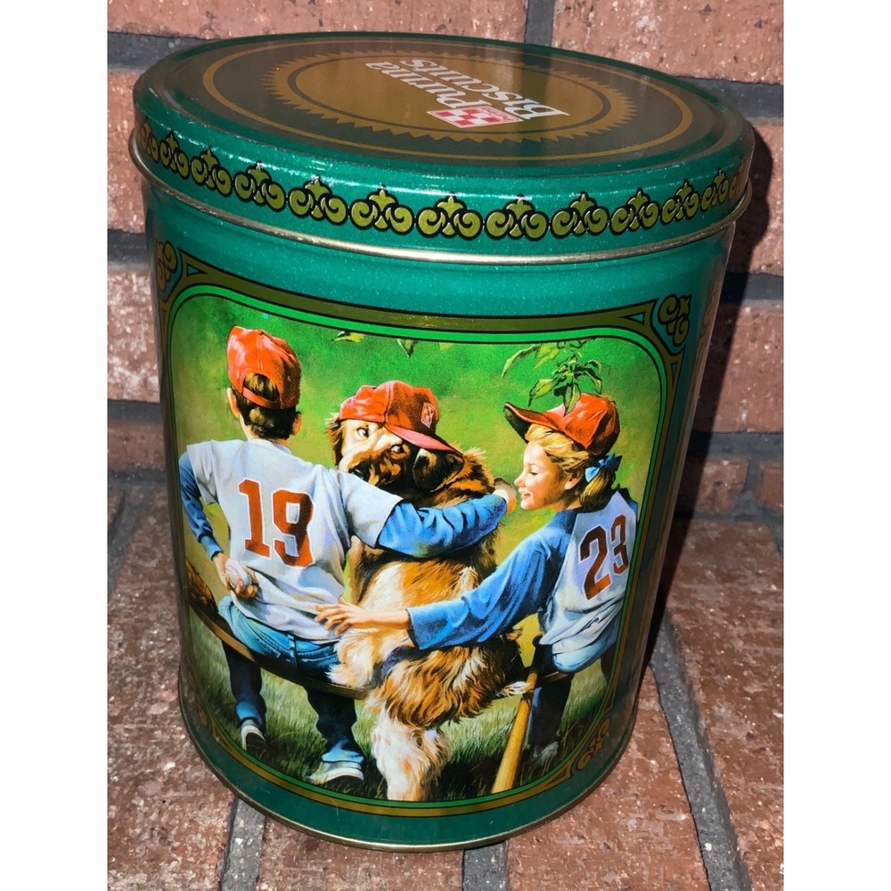 Vintage Purina Biscuits Metal Tin Green Dog Pet Collectible‎ Canister